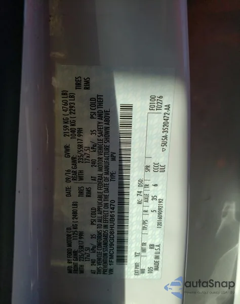 2017 Ford Escape Se z USA, uszkodzony, nr VIN 1FMCU9GD8HUB61470